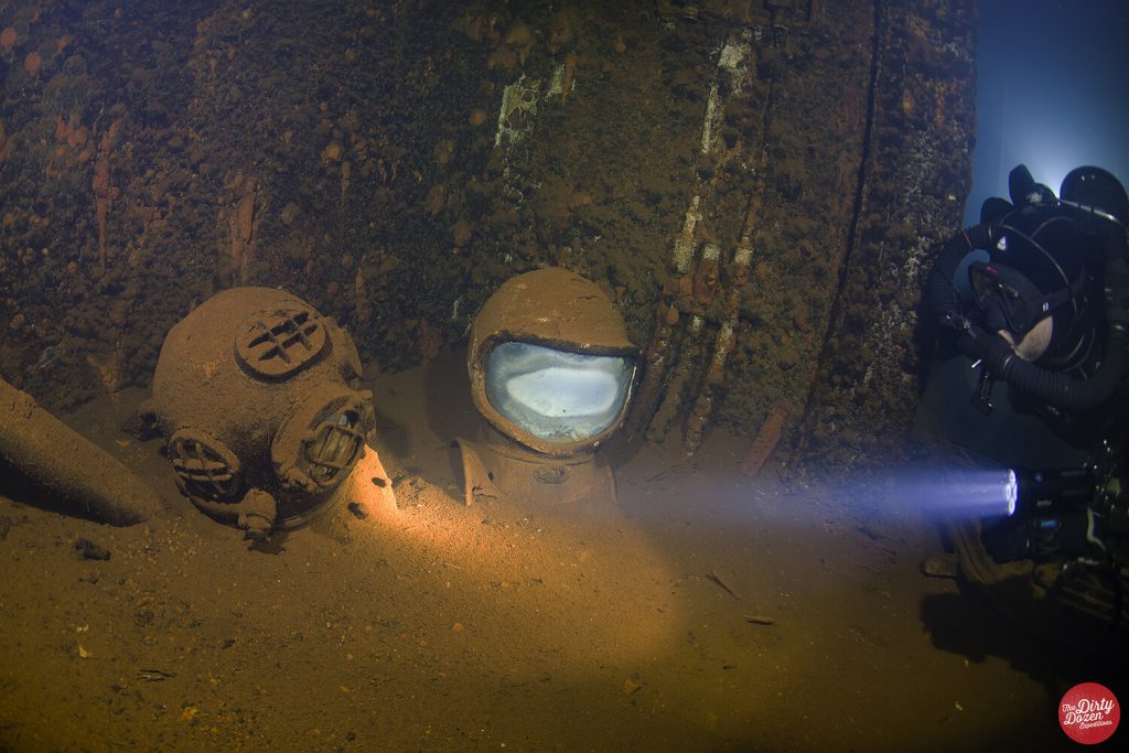 Dive Helmets inside the dive locker on Saratoga