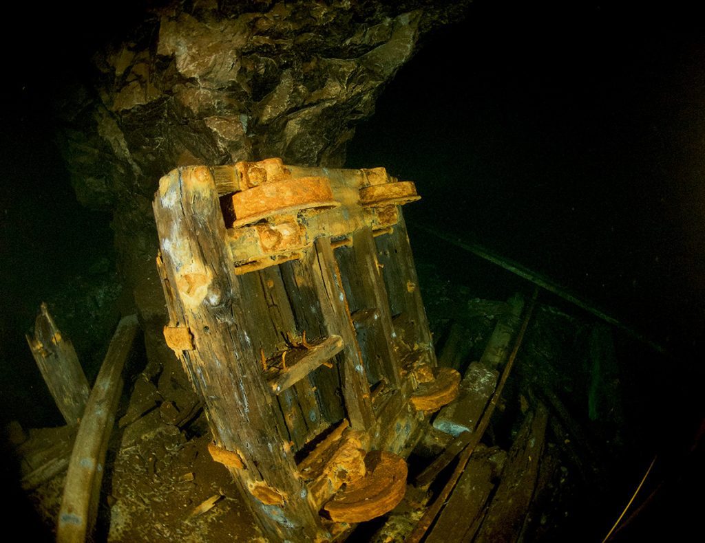 A wagon on the 21m/70 ft level is a iconic spot for divers to visit