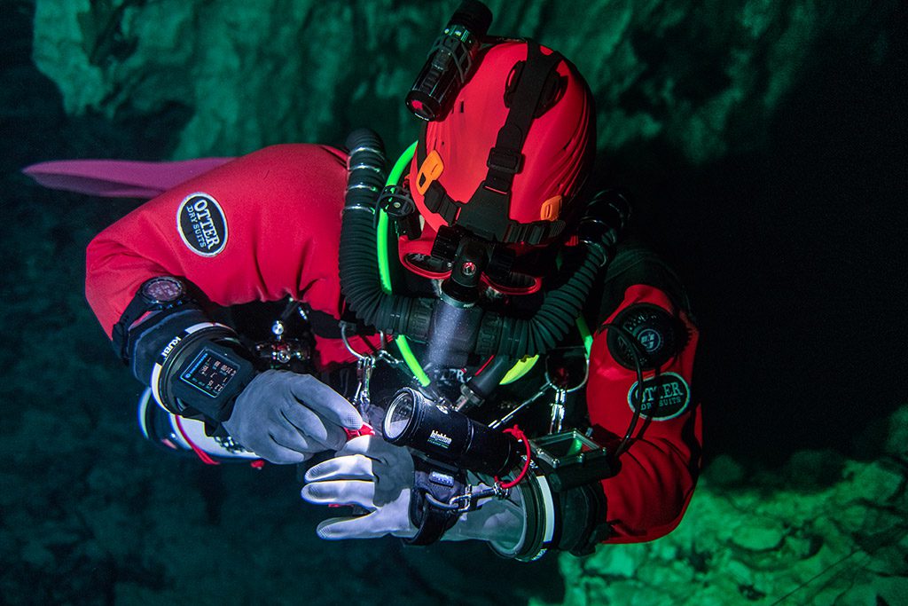 Diver Ioannis Dalmiras on an XDEEP Sidewinder in Resell Cave, France. 