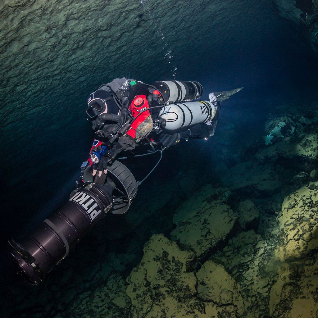 KUR Director Andy Pitkin on a research dive in a private system using a Fathom MKIII back mount mCCR and a Halcyon RBK BOB