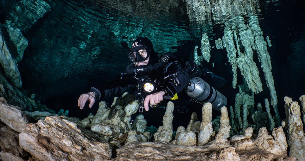 Author Stratis Kas on a KISS Sidewinder in Cenote Nohoch, Mexico. 