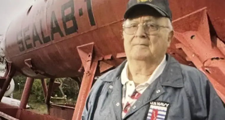 Bob Barth visiting his old habitat, Sealab I, now restored and on display at the  Man In the Sea Museum, in Panama City, Florida