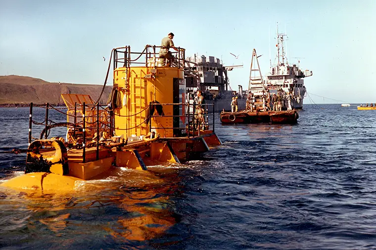 Towing Sealab III to location near San Clemente Island