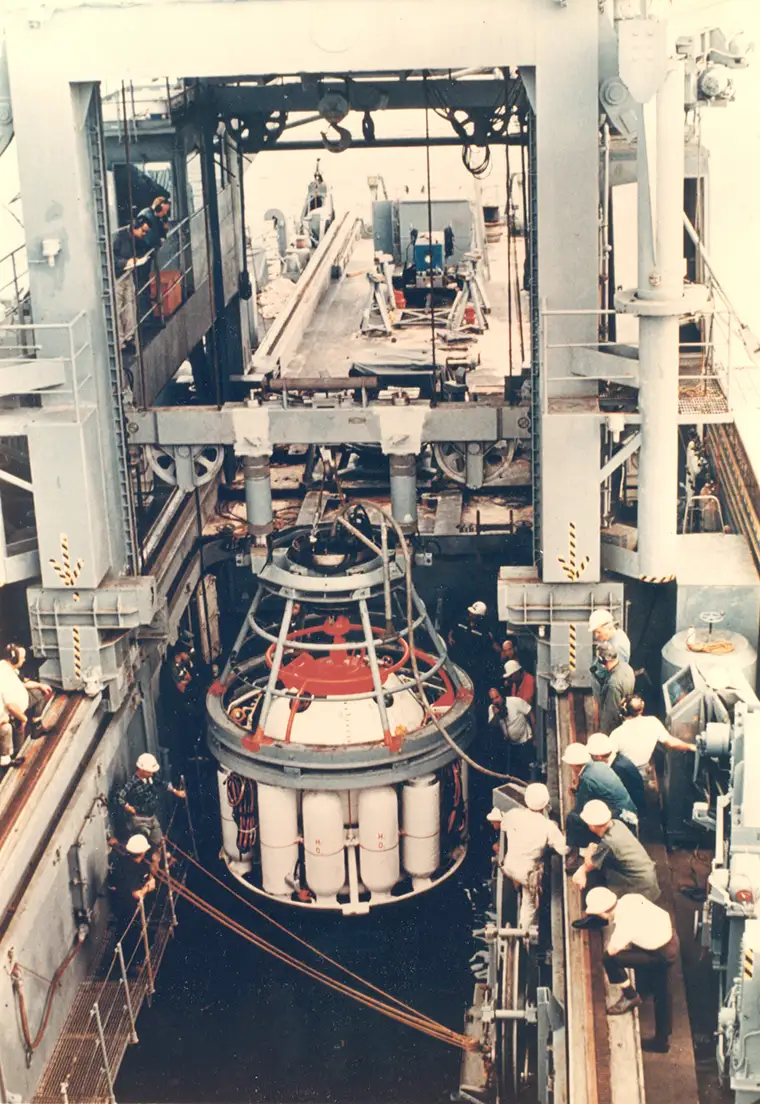 The load of the PTC is supported by the gantry over the moon pool of the USS Elk River