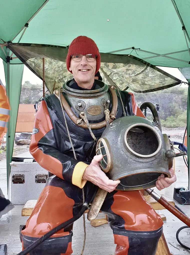 Phil Short after a dive in an original Siebe Gorman 6 Bolt Standard dress helmet