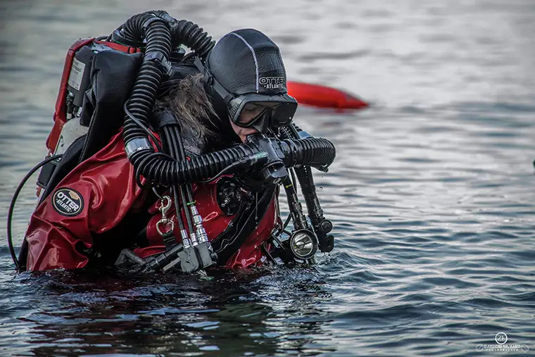 Beatrice after a training dive in the cold and dark waters of Lake Maggiore